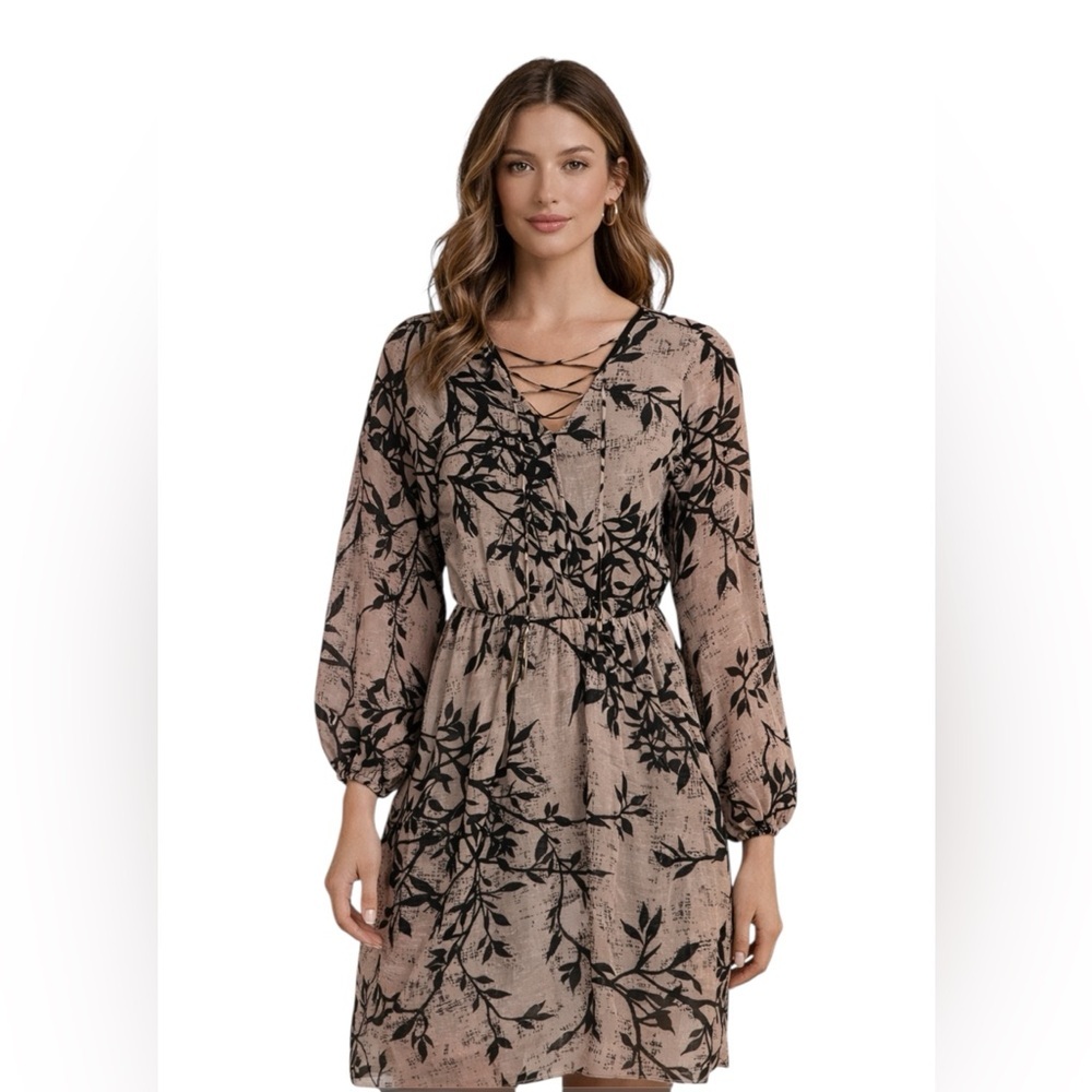 Thalia Sodi Floral Chiffon Dress Lace Up Back Long Sleeve Size S